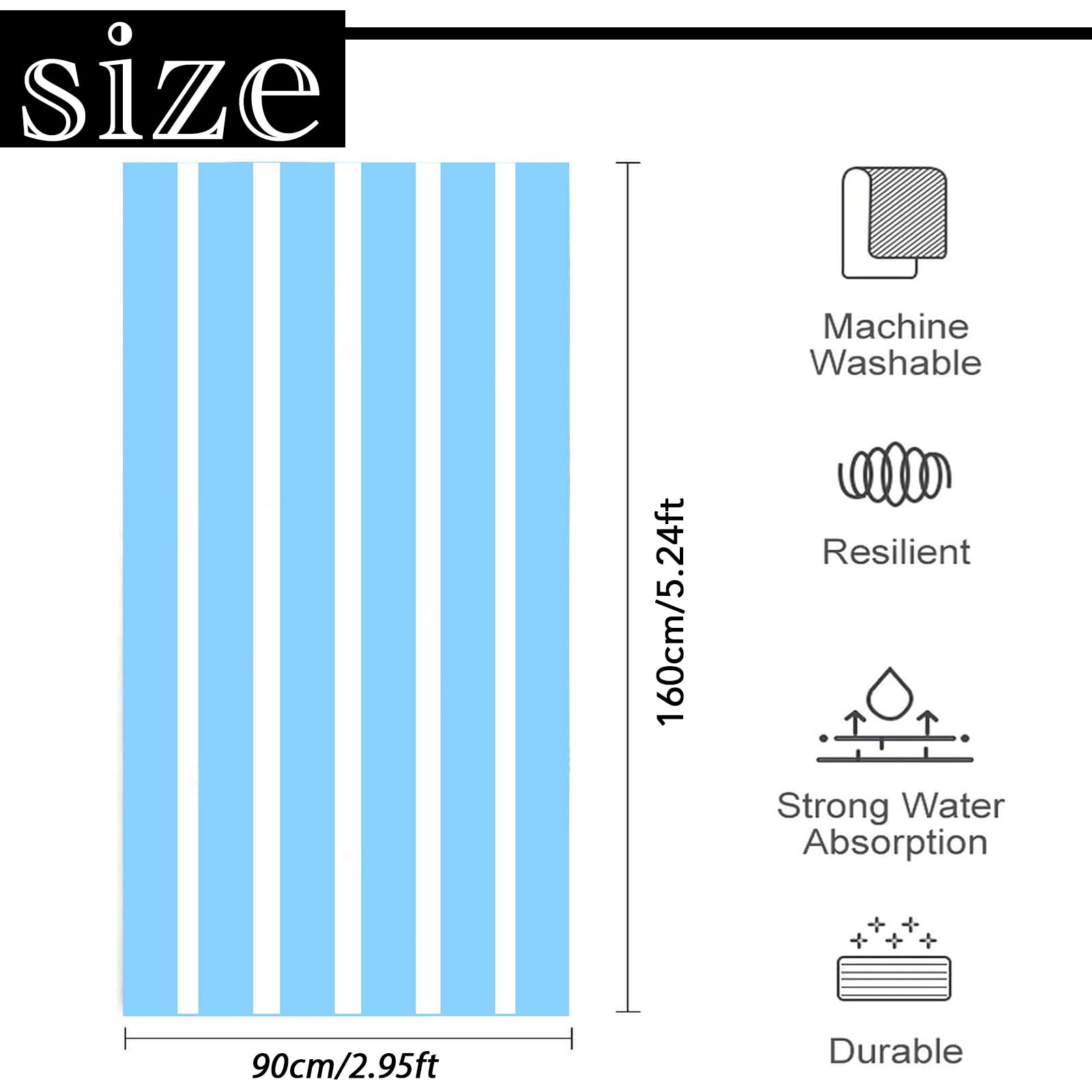Large Quick Dry Microfibre Beach Bath Towel,Double Sides Light Blue White Striped Sand Free Beach Towel with Bag,Lightweight Gym Yoga Sports Towel,Compact Travel Summer Beach Towel for Women Men - Image 2
