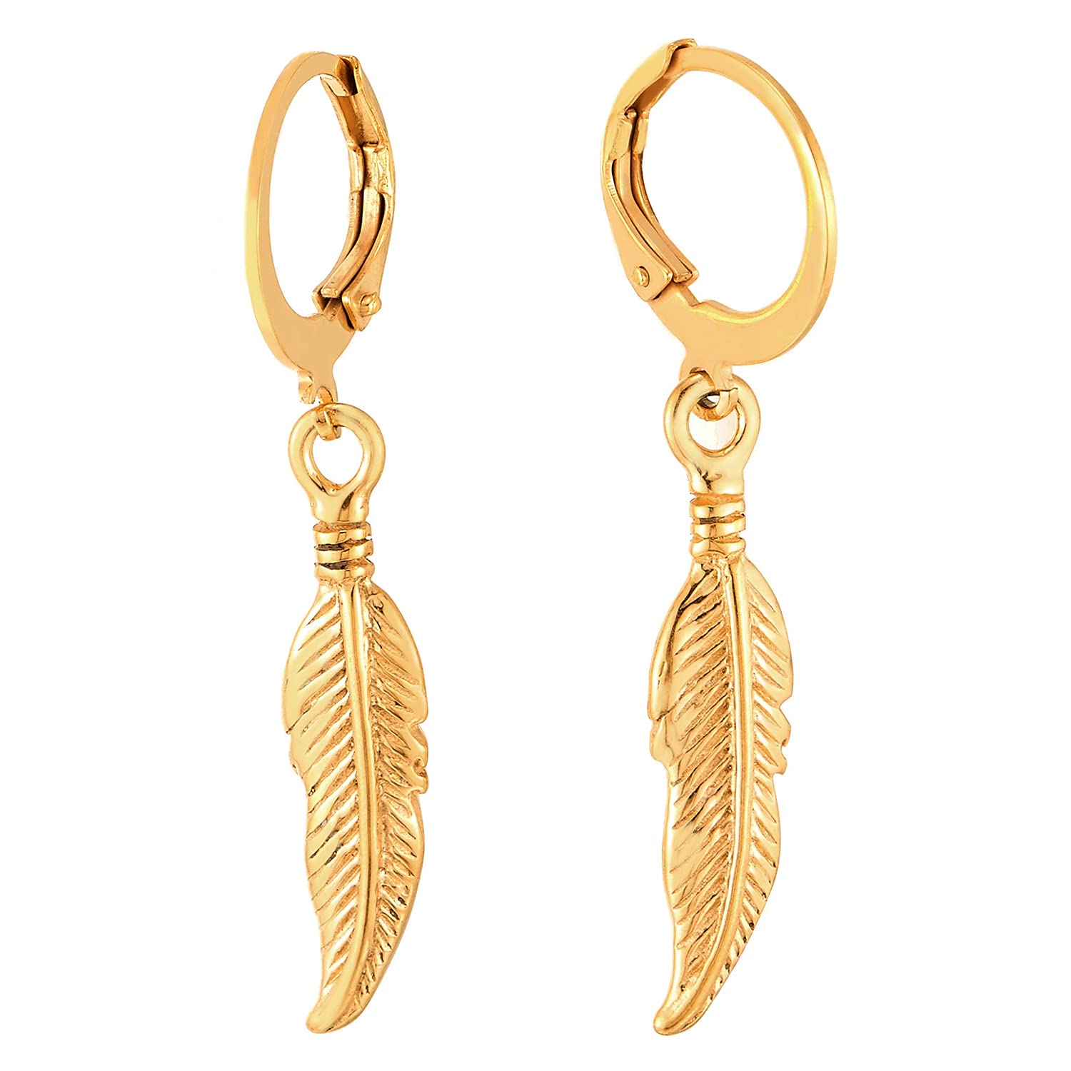 COOLSTEELANDBEYOND 2 Pendientes del Aro con Colgantes Vintage Pluma Hoja, Pendientes para Hombres Mujer, Acero Inoxidable