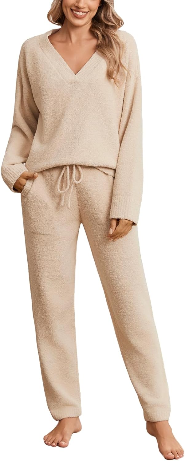 Snuggle Sac Womens Pajama Sets 2 Piece Cozy Winter Fluffy Fuzzy Pajamas V Neck Long Sleeve Lounge Set