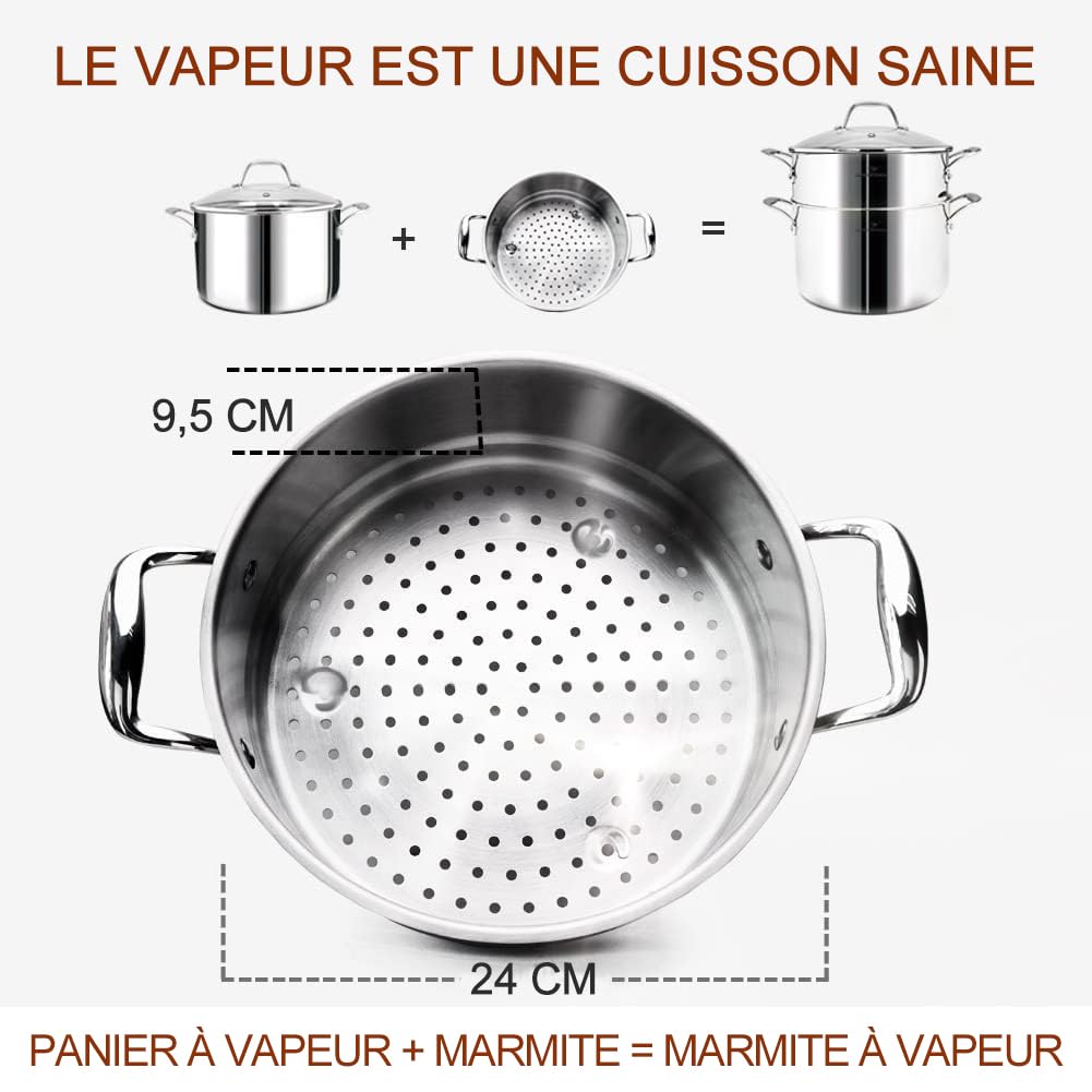 HOMICHEF batterie de cuisine en acier inoxydable sans nickel 14 pièces 3 Plis Entièrement Revêtue - Marmites et poêles polies miroir - Batterie de cuisine à induction non toxique avec cuiseur vapeur