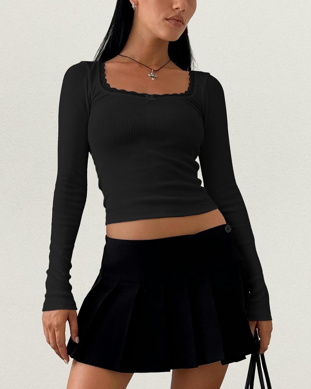 Women's Long Sleeve Crop Top Sexy Square Neck Going Out Tops Cute Ribbed Knit Bow Knot Lace Patchwork T Shirts - Image 5