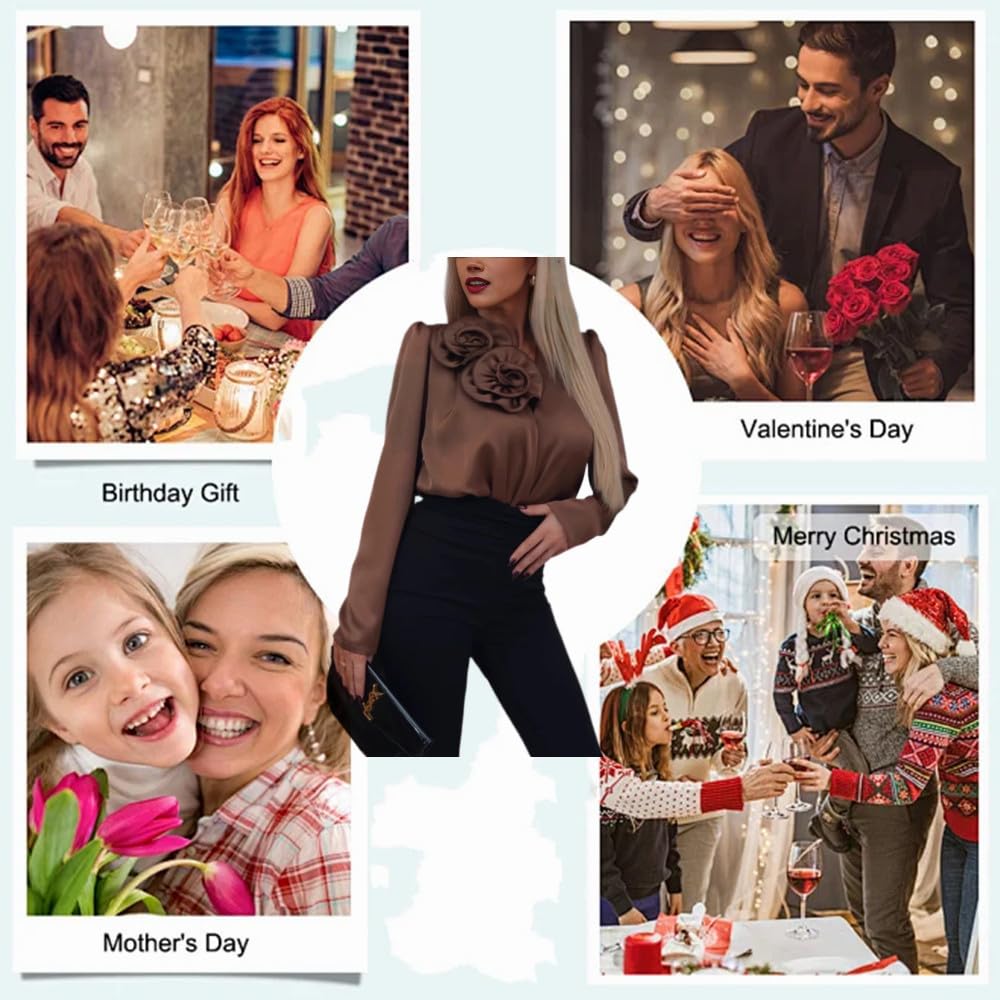 Blusa de satén de Lujo con Escote en V para Mujer, Camisa Elegante de Seda con Adornos de Rosas, Blusa de Manga Larga para Trabajo de Oficina