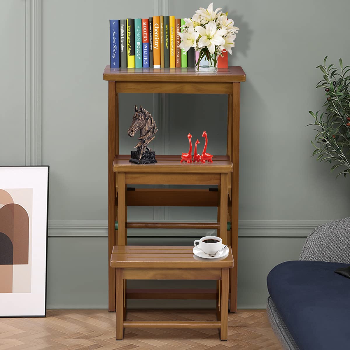 COSTWAY Taburete Plegable, Silla de Madera de 3 Peldaños, Multifunción Escalera Banqueta Estantería Escalón para Baño Hogar Decoración, hasta 150kg (Marrón Claro)