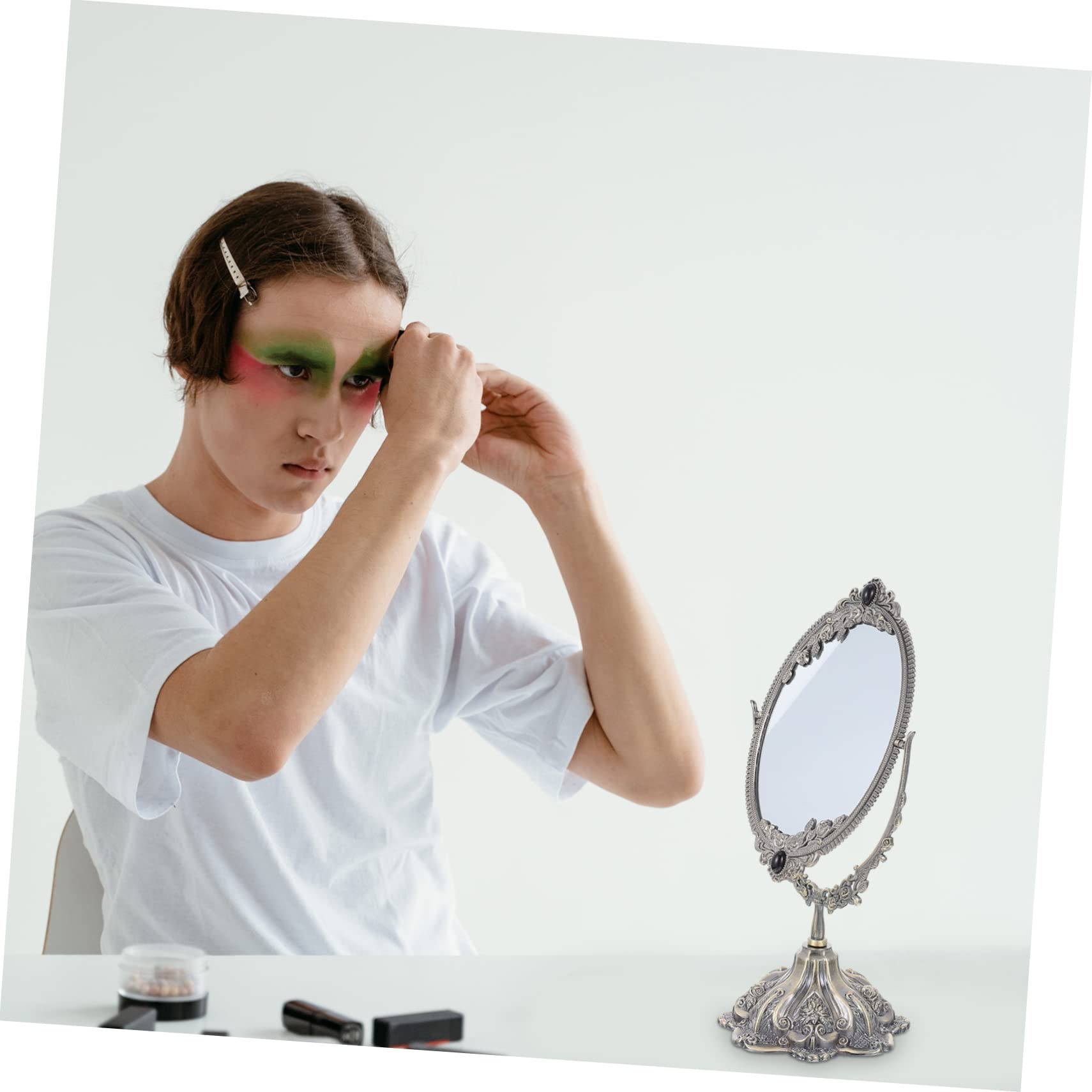 Beavorty Vintage Tischspiegel aus Zinklegierung, Doppelseitig Drehbar | Schminktischspiegel für Makeup und Hochzeit, Flacher Standfuß, Europäischer Stil, Hohe Definition