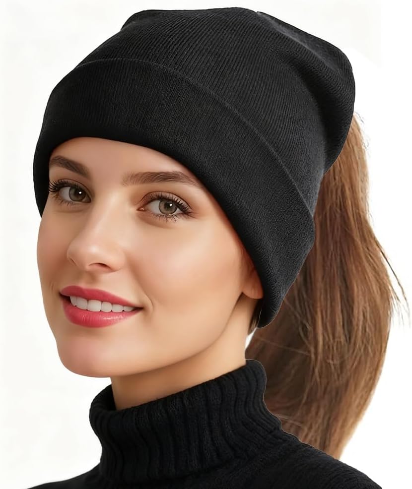 OULIGET Ponytail Knit Beanies Hat for Women,Magnetic Open High Pony Tail Womens Winter Hat,Stretch Fit Fashion Stocking Cap