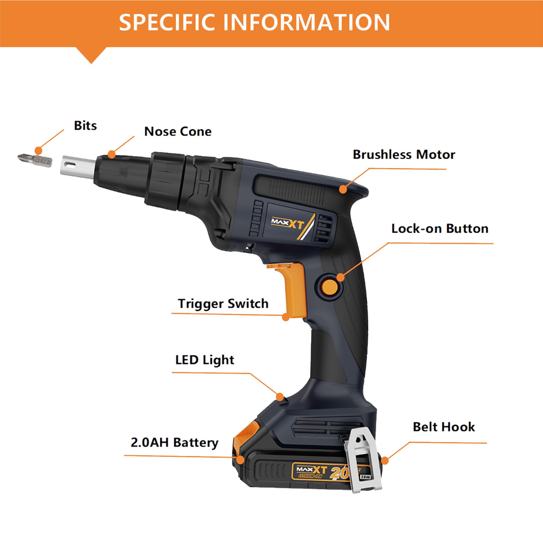 Avvitatore per Cartongesso a Batteria 20V, MAXXT Cordless Screwdriver Drywall Sans Fil Senza Spazzole 4200RPM con Batteria 2.0Ah