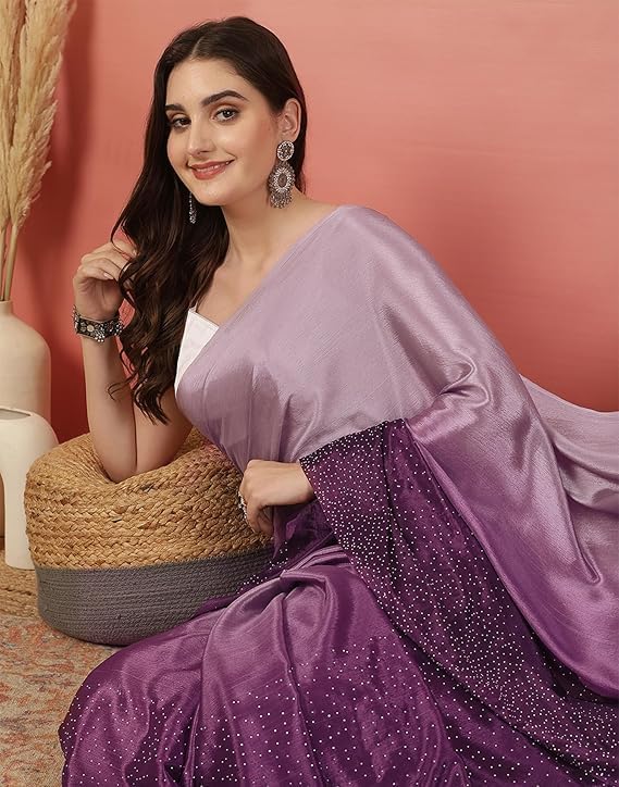 Latest Women's Satin Silk Hot Fixing Stone Work Saree with Unstitched Blouse piece.
