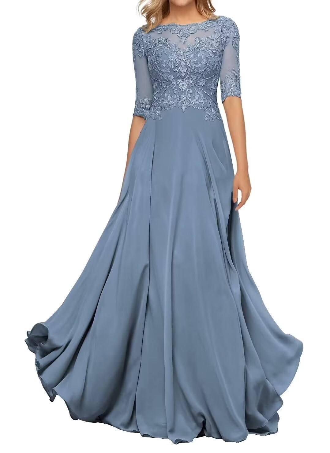 Sincemeet Abito da Madre della Sposa in Chiffon di Pizzo da Donna Abito da Sera Formale con Maniche a 3/4 Un Abito da Ballo di Linea
