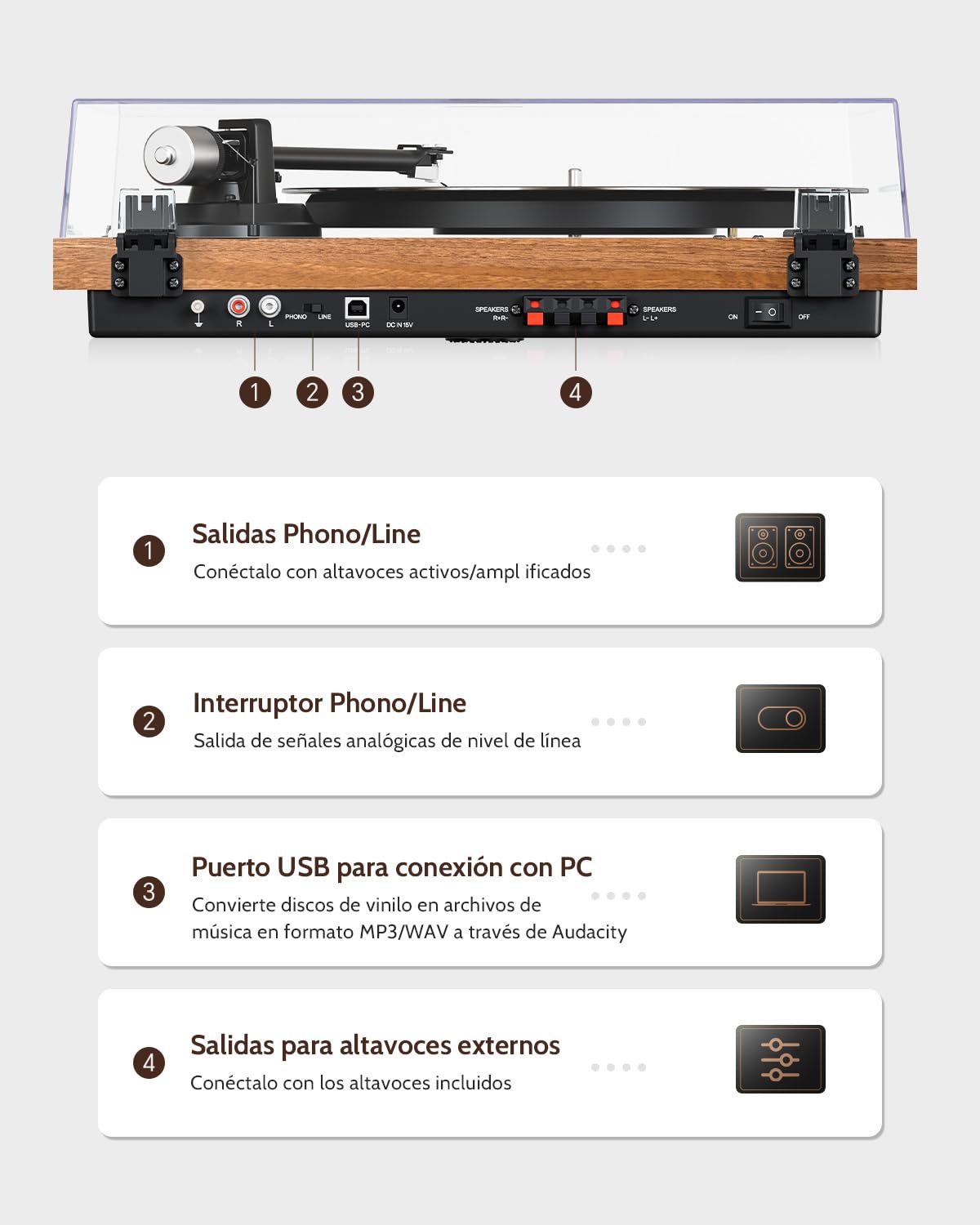 1 BY ONE Tocadiscos de Vinilo Bluetooth con Sistema Hi-Fi con Altavoces de 36 vatios, Reproductor de Discos de Vinilo con Cartucho magnético Conector inalámbrico con Otro Dispositivos