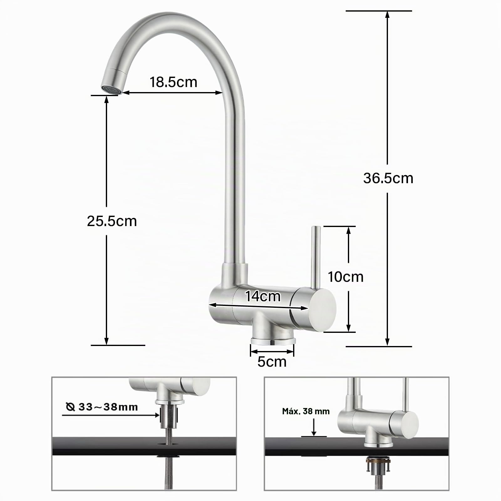 Grifo Cocina Abatible, Grifo de Fregadero Abatible Giratorio de 360°, Grifo Fregadero Cocina Plegable de Inox, Mezclador Fregadero Agua Fría y Caliente