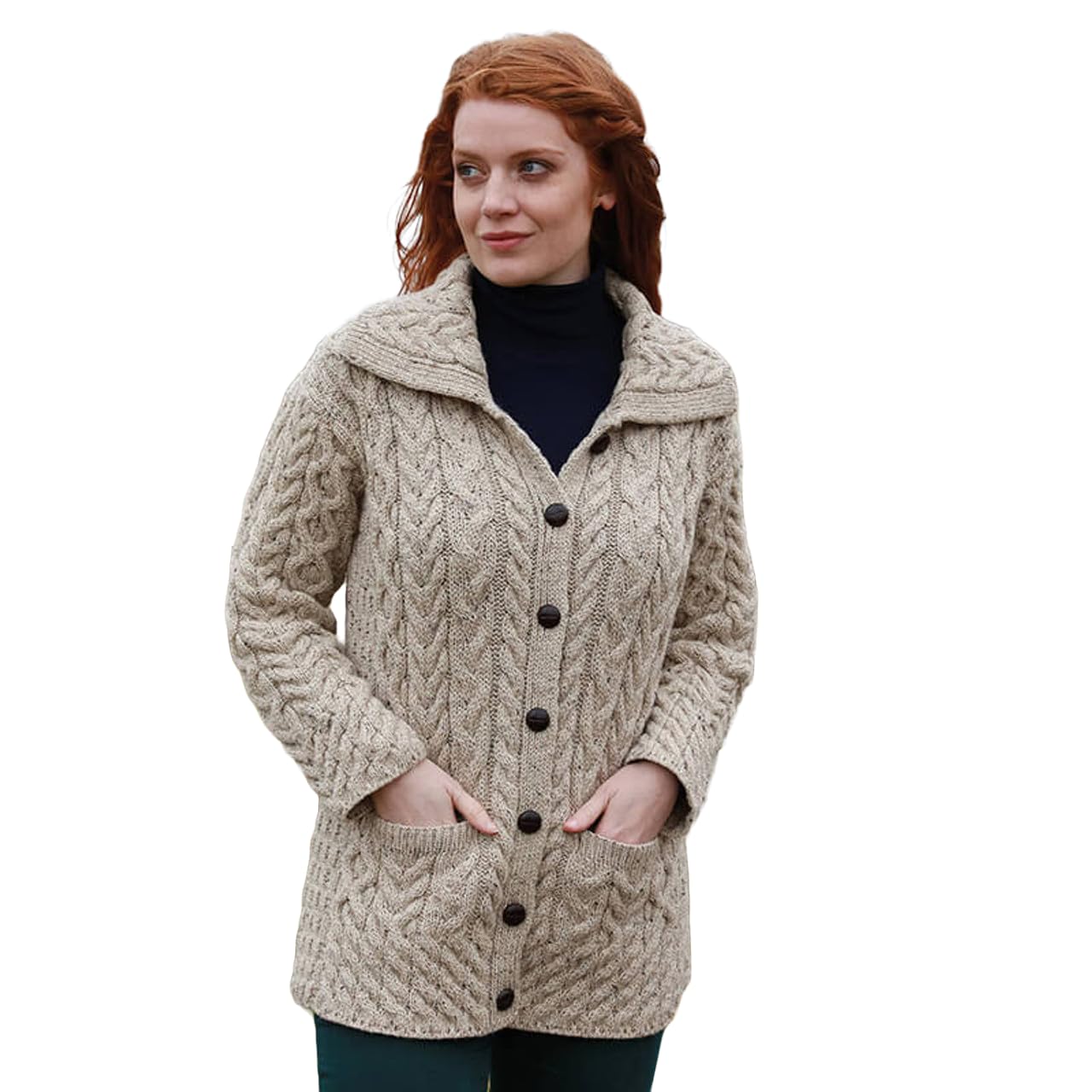 Irish Aran Knit Cardigan for Women 100 Pure New Wool Long Sweater Made in Ireland