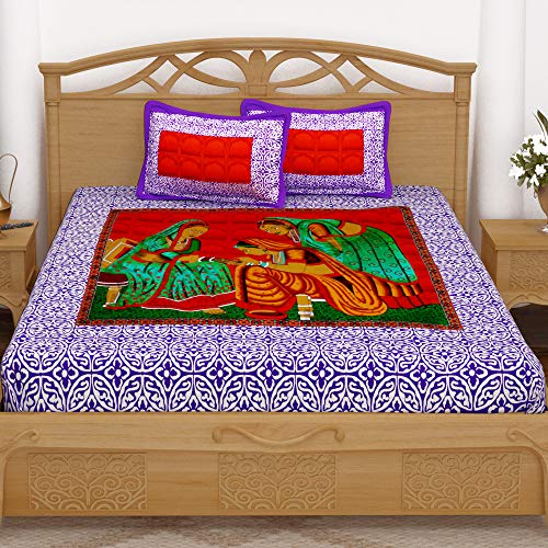 Image of Story@Home Vintage Jaipuri Collection 152 TC Cotton 1 Bedsheet for Double Bed and 2 Pillow Cover - Floral, Purple