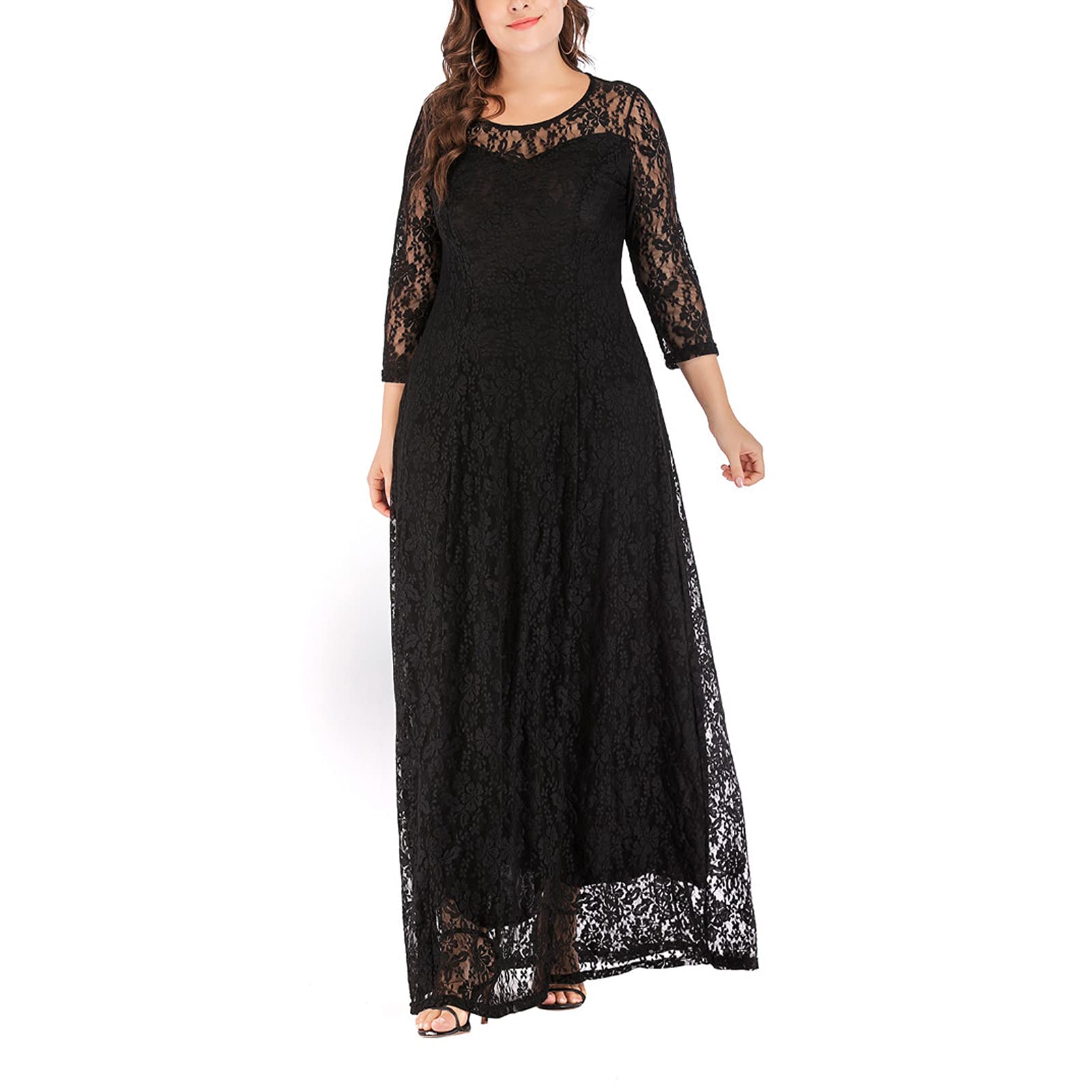 Donne Plus Size Girocollo Chiffon Pizzo Maxi Abiti Da Donna Estate Manica Lunga Backless Sexy Wrap Abito Lungo Beach Party Dress nero-2XL