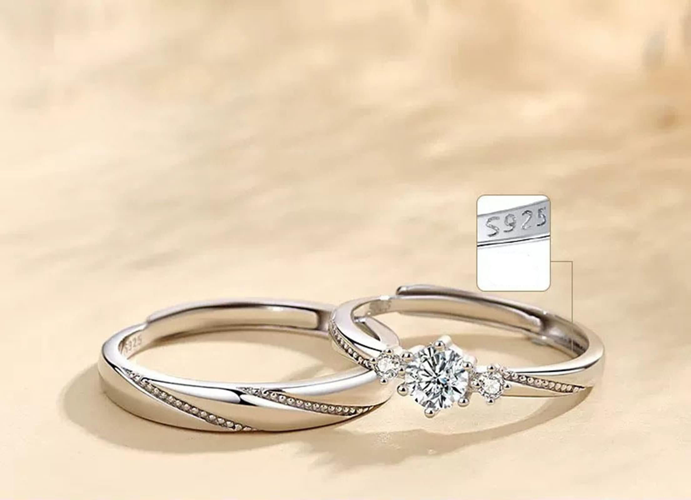 Anelli Fidanzamento Regolabili Coppia con Incisione Personalizzata Lui e Lei Argento 925, Rotondo con Zirconia Cubica, Anello Argento Donna Fidanzamento