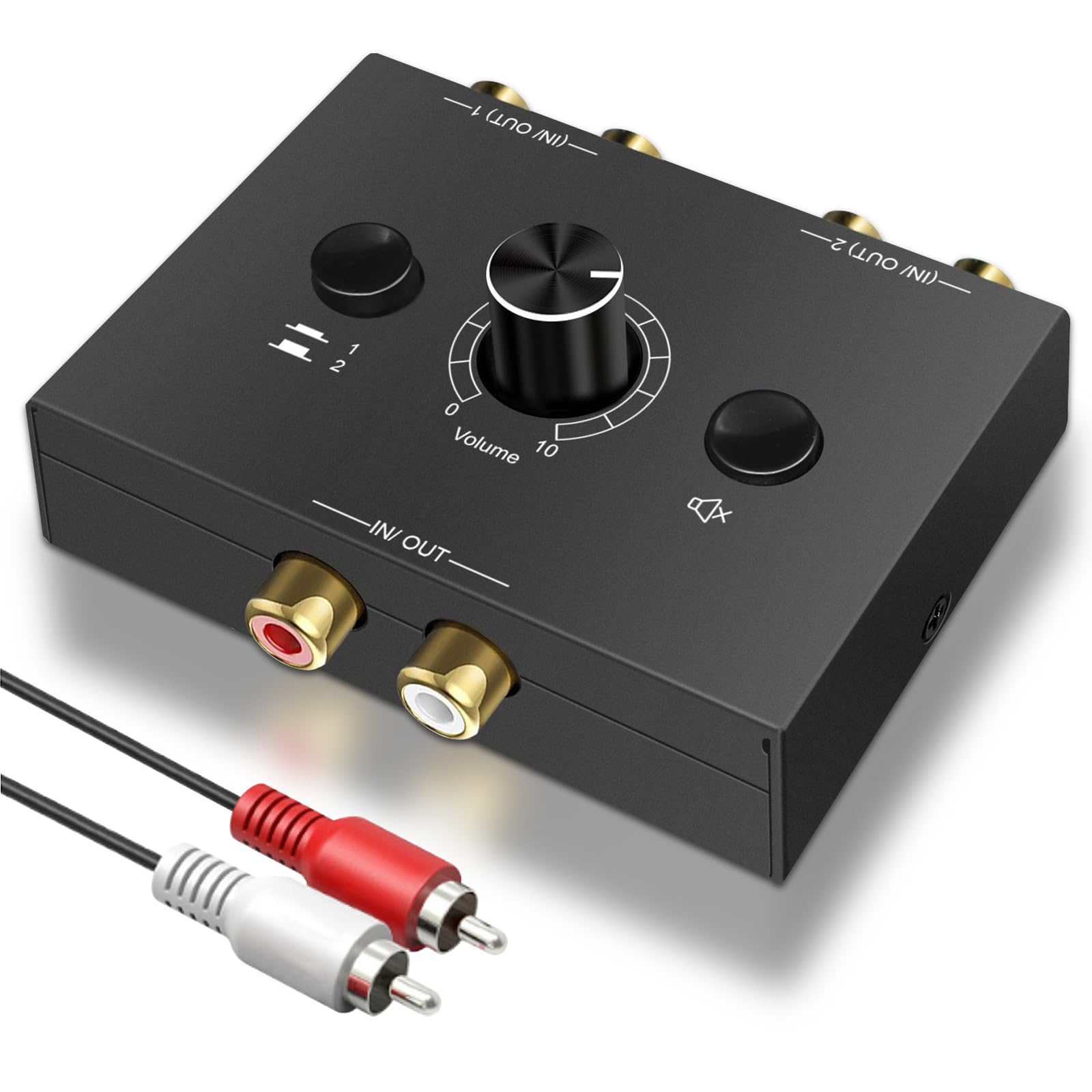 RCA L/R Audio Switch 2(1)-In-1(2)-Out, Audio Switch L/R Stereo Analog with Volume Control, Two-Way Stereo Audio Switch for Amps Headphones PC Speakers Phono Speakers