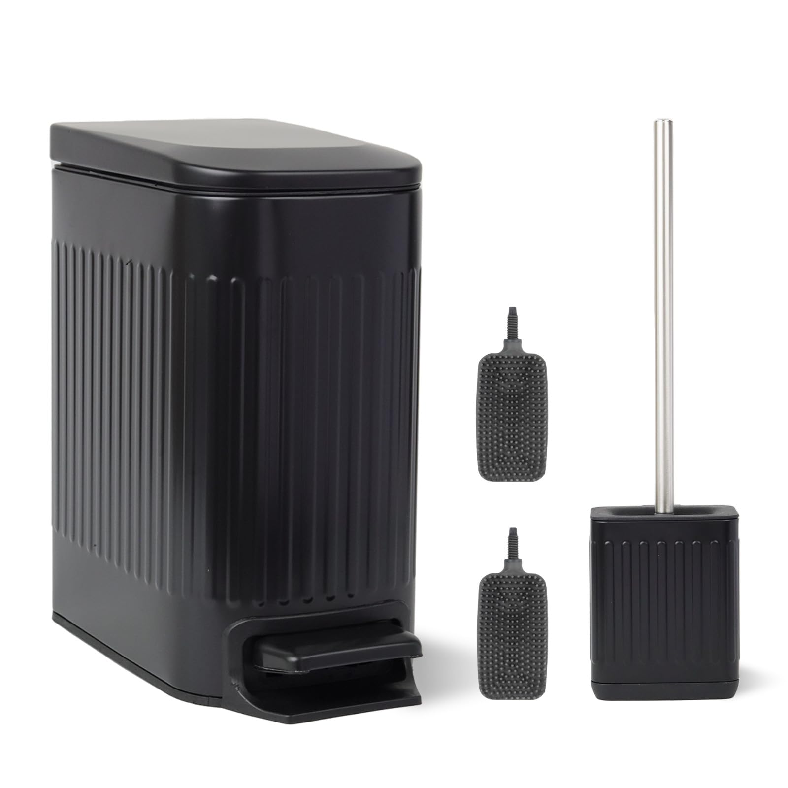 FAMM TASTIC Set of 7L Narrow Metal Pedal Toilet Bin Black Bathroom Bin/Office Bin/Bedroom Bin Small Bin with Lid and Silicone Toilet Brush and Holder (with 2 extra brush heads)