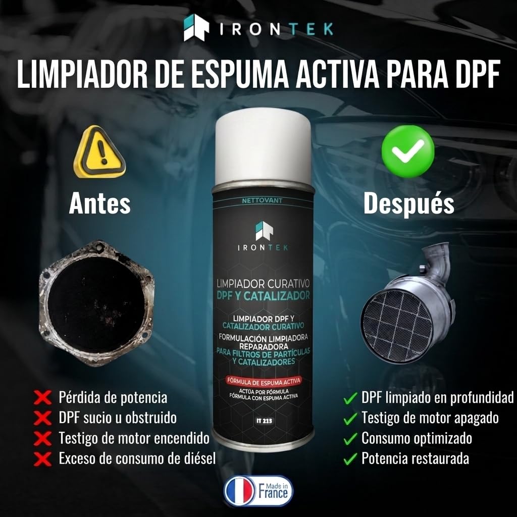 Limpiador Filtro de Partículas Diésel - IRONTEK - 400 ml | IT223 | Sin Desmontaje | Fórmula Mousse Activa | Tratamiento Curativo FAP