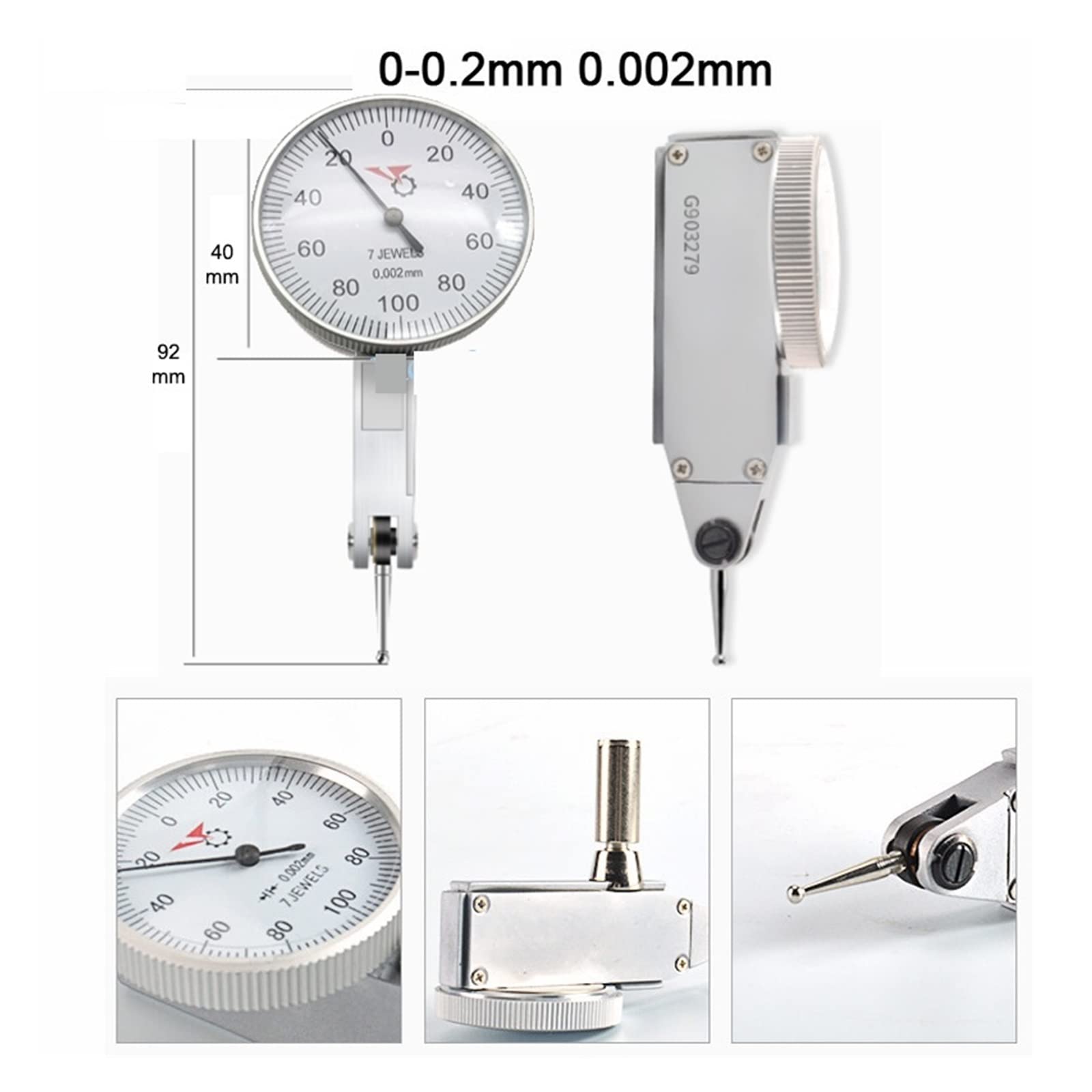 Comparateur 0-0.2 mm Précision du levier 0.002mm Cadran de niveau Échelle Précision Métrique Queue d'aronde Rails 0-0.8mm 0.01mm Cadran Indicateur de test(0-0.2 mmx0.002mm)