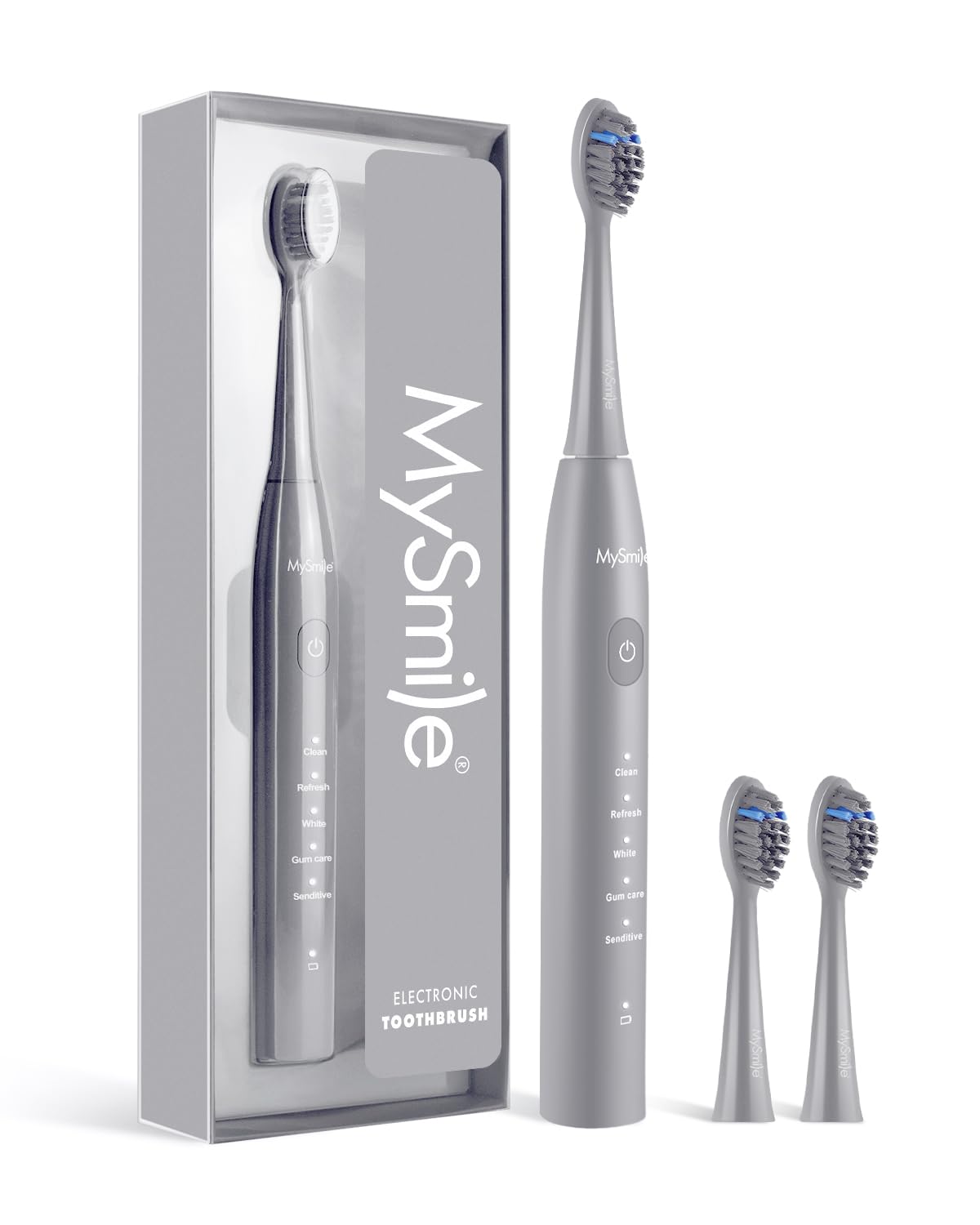MySmile DY156 Electric Toothbrush for Adults, Rechargeable Sonic Battery Toothbrush Portable with 3 Brush Heads, 2 Mins 5 Modes Smart Timer, 45000VPM, One Charge for 60 Days – Gray