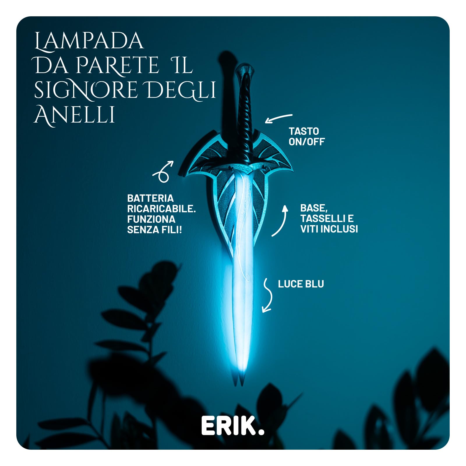 Grupo Erik Signore degli Anelli Lampada da Parete Spada Pungolo | Luce LED | Luce LED Blu, Supporto da Parete, Ricaricabile, Cavo USB-C, 51 x 12,5 x 3,3 cm, Lord of the Rings