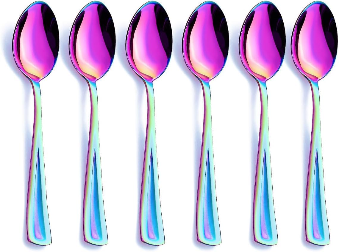 WANQLYN 6-Piece Rainbow Teaspoons Silverware Set - 6.37-in Heavy Duty Exquisite Stainless Steel Small Spoons Tea Spoons Coffee Spoon Tablespoon Cutlery & Dishwasher Safe(Titanium)