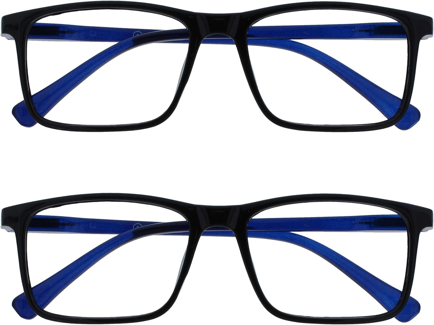 INK Reading Glasses - Value 2 Pack - Large Rectangular Frame - Spring Hinges - Scratch Resistant - Black Blue Arm - Mens Womens +1.50