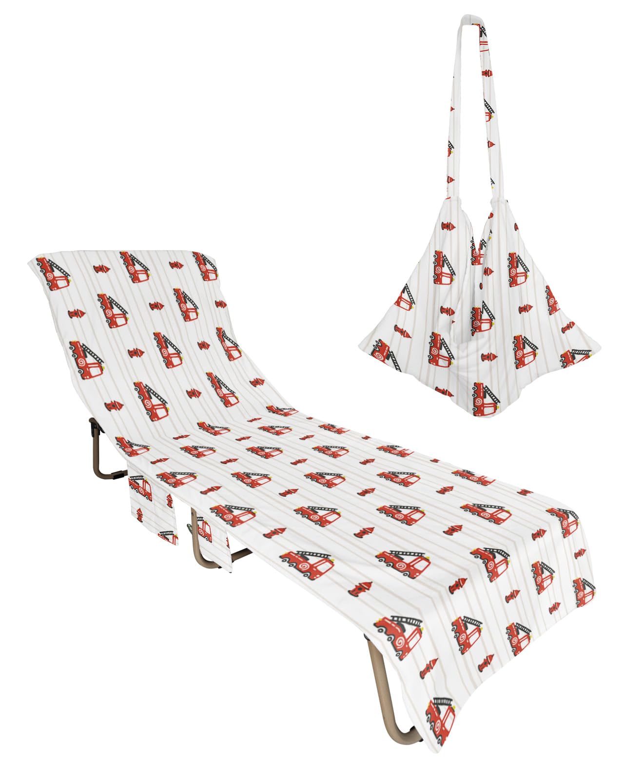Cartoon Car Beach Chair Towel Covers for Chaise Lounge with Side Pocket, Soft Plush Pool Towels Cover for Patio Sunbathing Outdoor 29''x85'' Red Fire Truck Geometric Grey