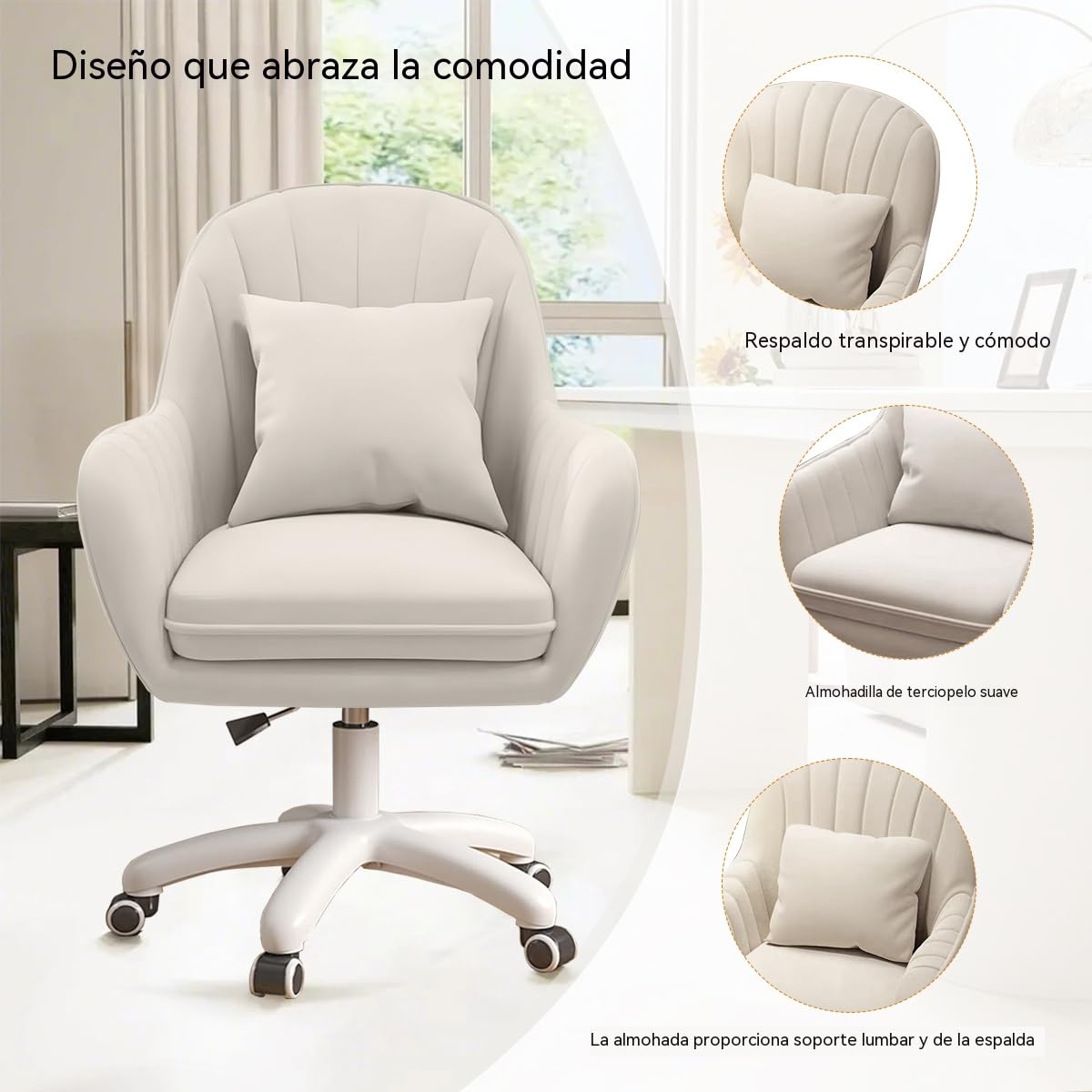 Silla de Oficina para el hogar Sillas de Terciopelo para tocador Silla de Maquillaje con Ruedas Sillas de Ordenador con Respaldo Medio Silla giratoria pequeña con Ruedas y Altura Ajustable