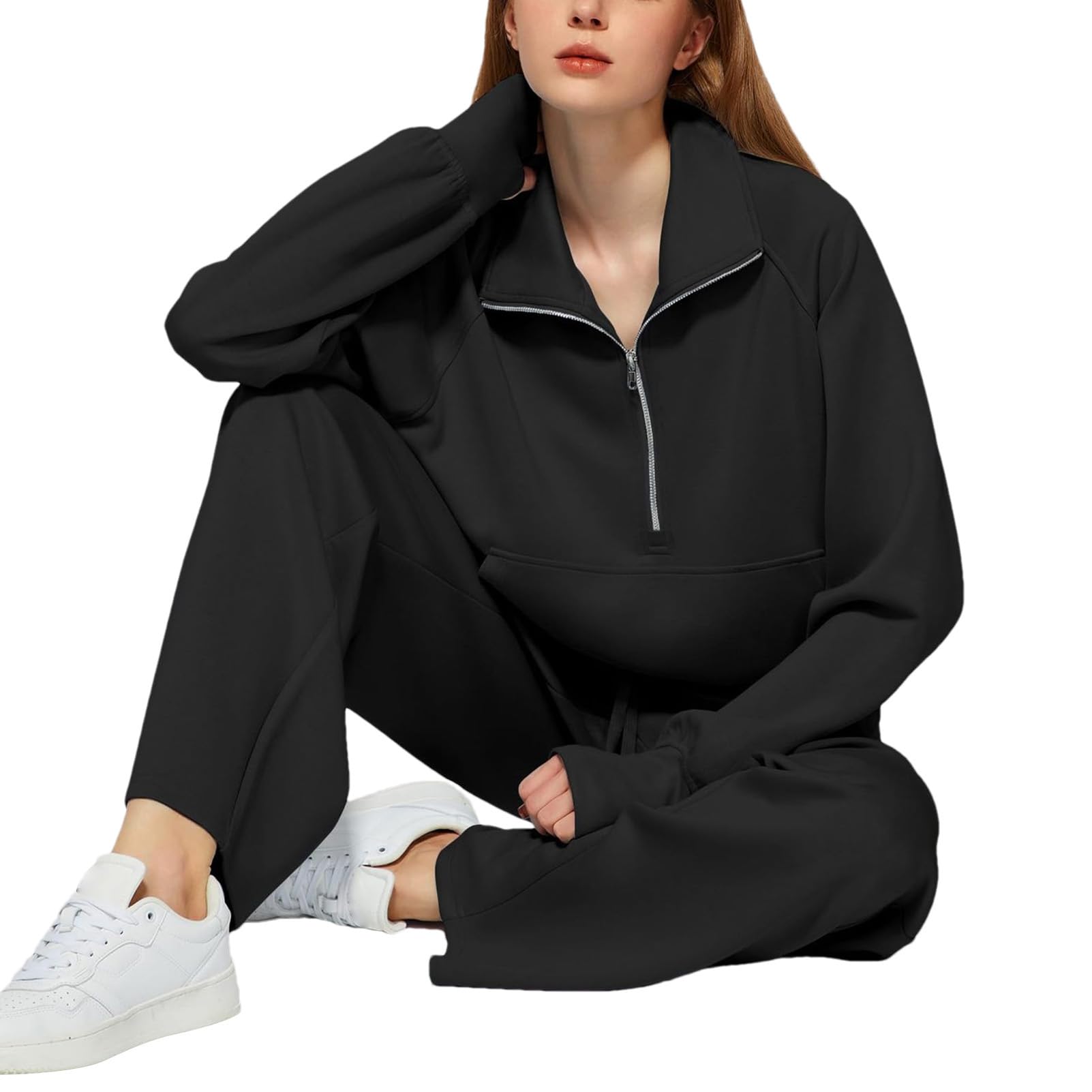 Momuk Donna 2 Pezzi Set di Tute da Donna Felpe Casual con Risvolto e Mezza Zip e Pantaloni a Gamba Larga Set da Salotto Tuta da Ginnastica