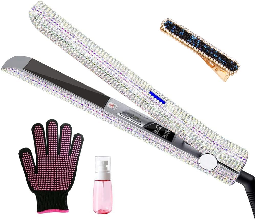 Plancha plana de titanio con hermoso diamante de imitación de cristal, alisador y rizador de cabello 2 en 1, apagado automático de 60 minutos,