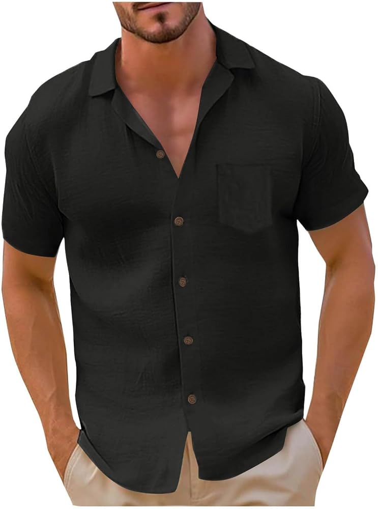 Camicia in lino, da uomo, medievale, in lino, da uomo, in cotone, estiva, con tasca sul petto e