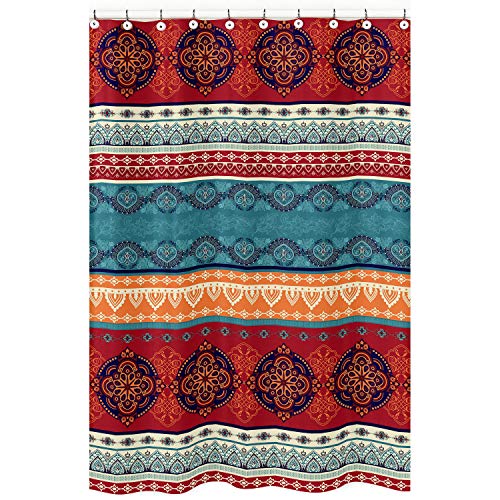 Sweet Jojo Designs Boho Mandala Bohemian Chic Decorative Bathroom Bath Shower Curtain 72X72 Aztec Room Decor Ethnic Vintage Colorful Hipster Hippie Indian Turquoise Patterned Teal Blue Red Orange #TOP12
