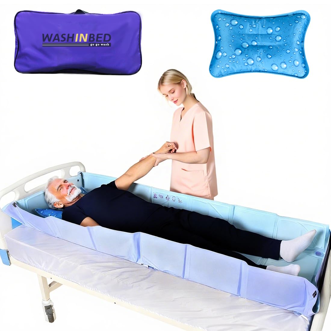 Système de Bain au Lit Portable – Matelas de Douche Pliable avec Tuyau de Vidange & Oreiller d’Eau | Toilette Complète au Lit pour Personnes Âgées, Handicapées ou Alitées