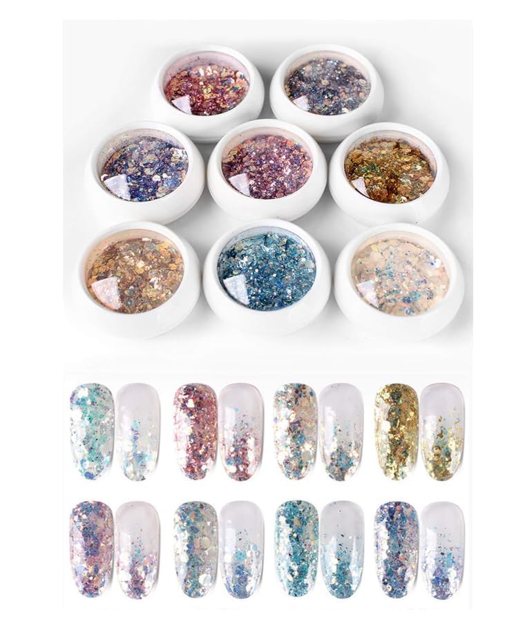 Nail Art Gradient Glitter Magic Color Changing Laser Thin Sequins Mixed Mirror Hexagon Shape Mermaid Flakes Spangles Palette Craft Glitters Holographic Manicure (8 PCSmailers) 3