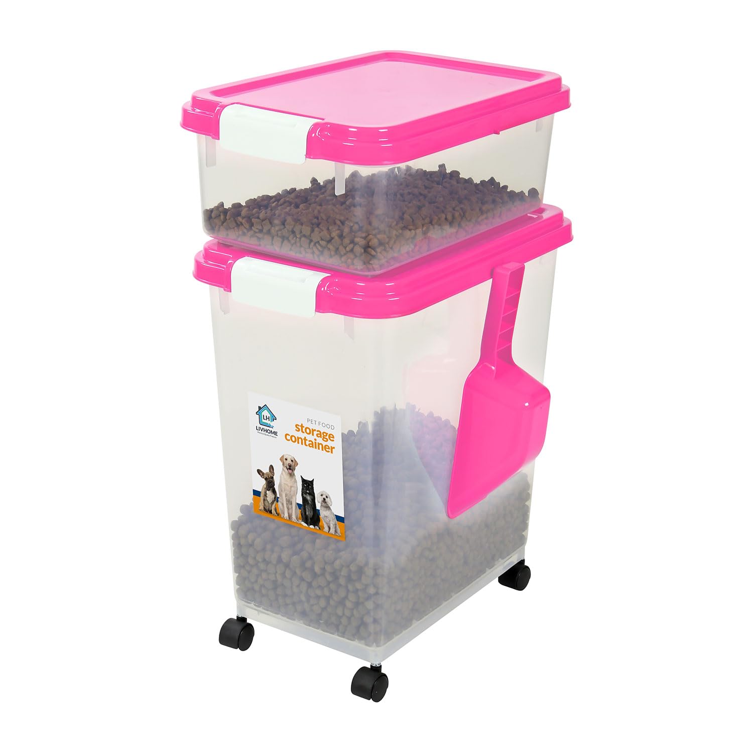 Livhome 3-Piece 50L Airtight Pet Food Storage Container Combo with Scoop and Treat Box for Dog Cat and Bird Food, Keep Pests Out, Translucent Body, Easy Mobility (Pink)