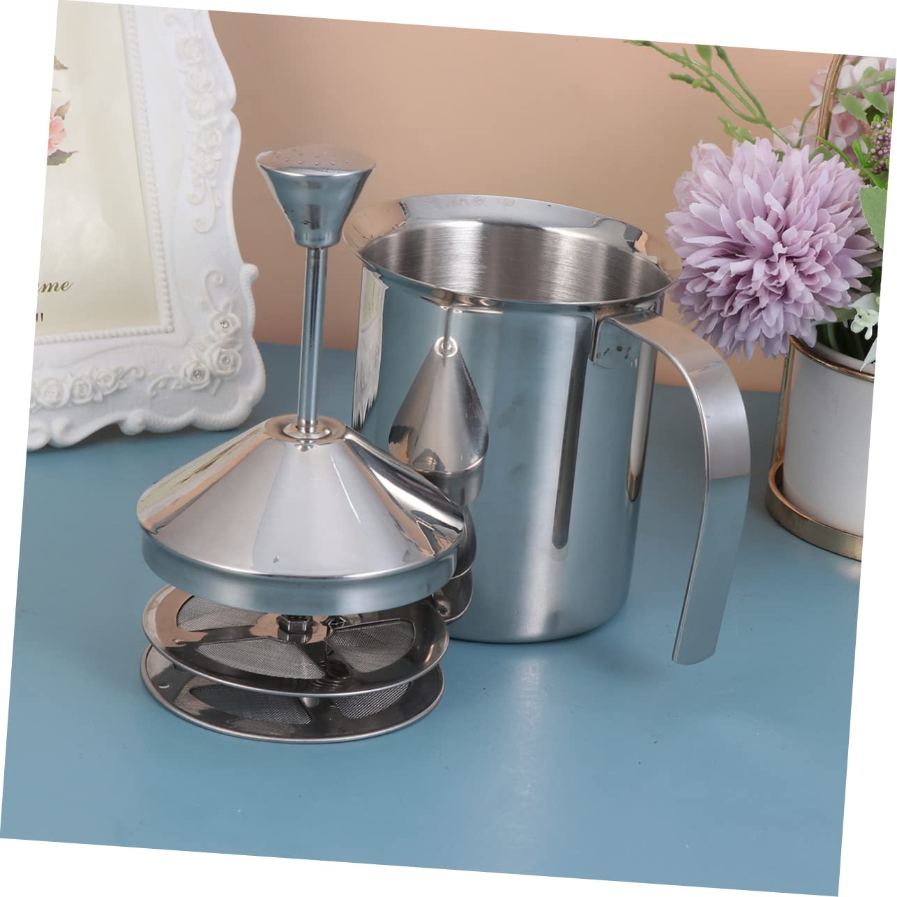 BESTYASH Espumador de Leche Manual de Acero Inoxidable 304 sin Electricidad Doble Malla y 800 Ml Adecuado para Café en Casa