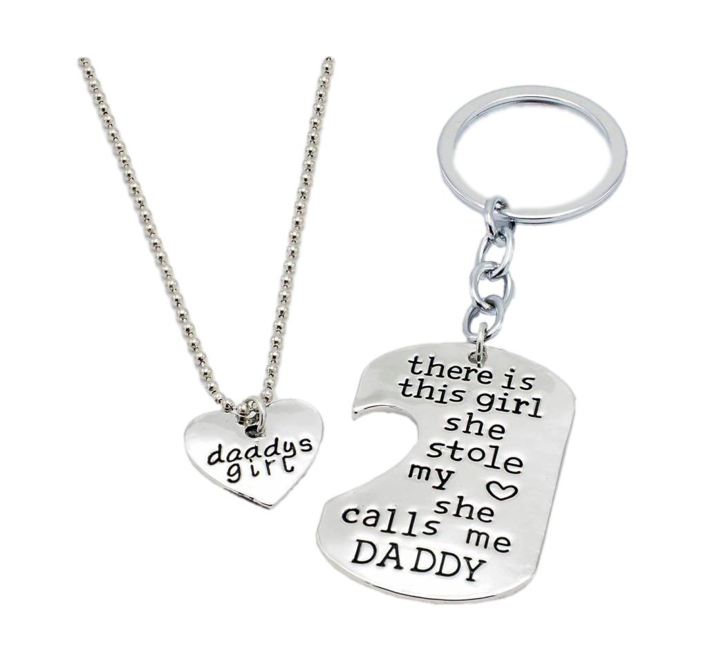 Quan Jewelry Daddys Girl Set Engraved Heart Key Chain Necklace