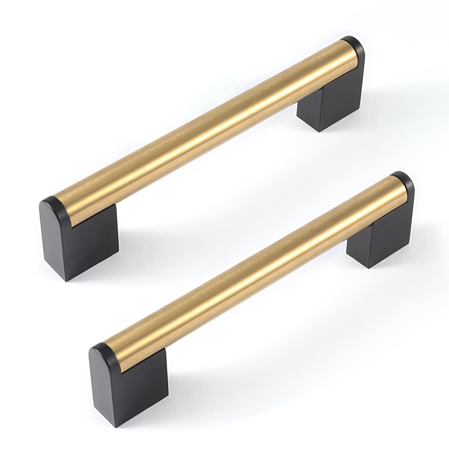 Golden Cabinet Pulls Brushed Brass Handles 5'' Stainless Steel Hardware for Kitchen Bathroom Wardrobe Bedroom Furniture Black Square Base and Rounded Gold Modern Style 5 inch (128mm) 10Pack