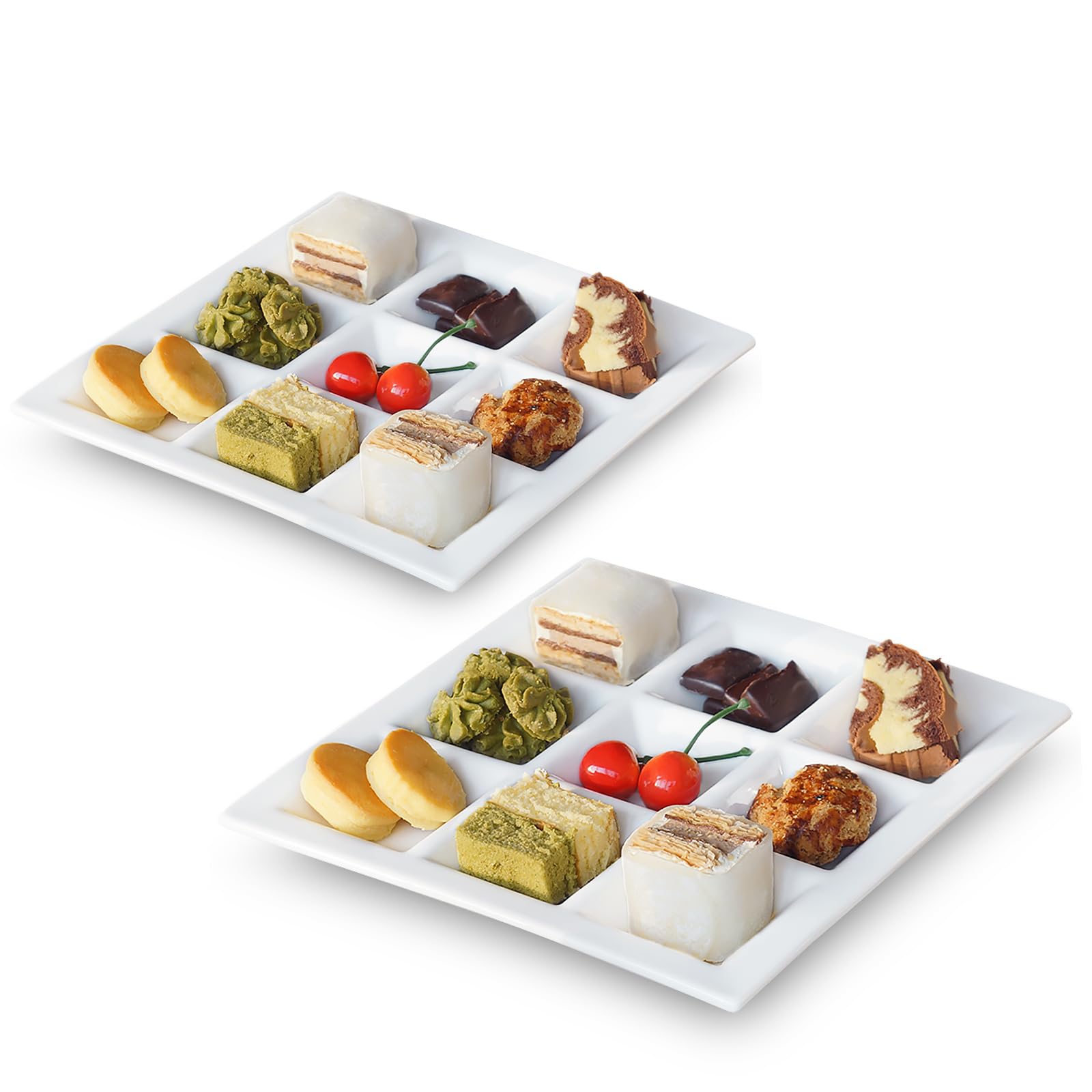 Cinf 2Pack Divided Plates rectangular Ceramic 9 Compartments Sauce Dishes Serving Saucers Quadrant Shaped Dinner Salad Tray Snacks