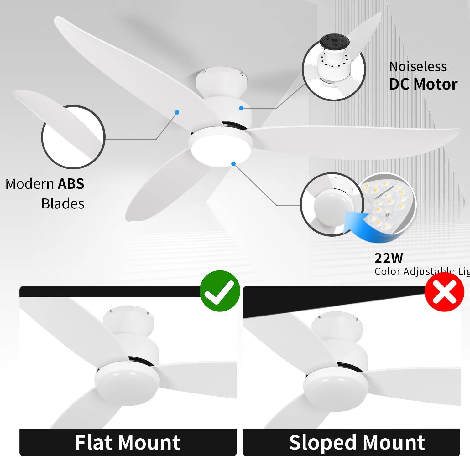 White 52 inch Ceiling Fans with Lights and Remote, 3 Blade Modern Low Profile Ceiling Fan, 6 Speeds Quiet Reversible DC Motor, 3 Color Dimmable LED Light for Bedroom Living Room Indoor Patio White