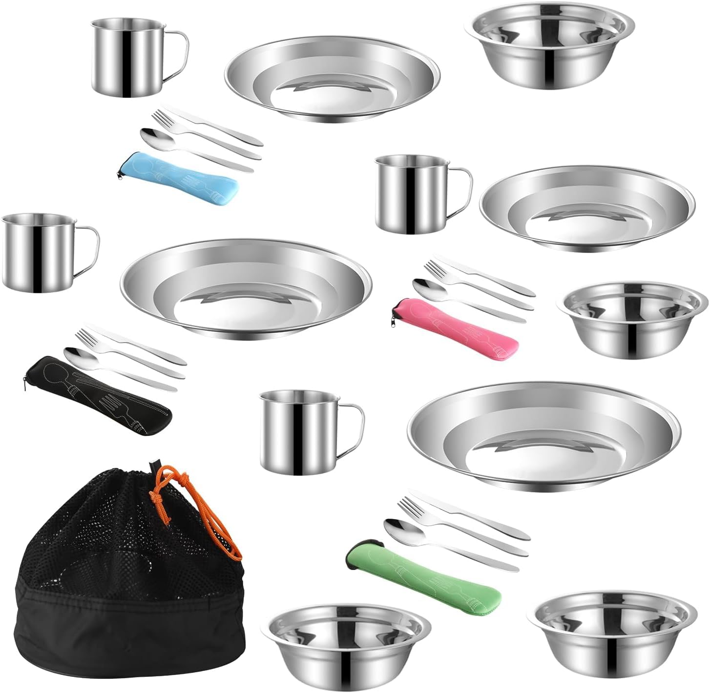 Ensemble de couverts de camping en acier inoxydable comprenant assiette, bol, cuillère, fourchette, couteau dans des poches en maille pour le camping et les randonnées