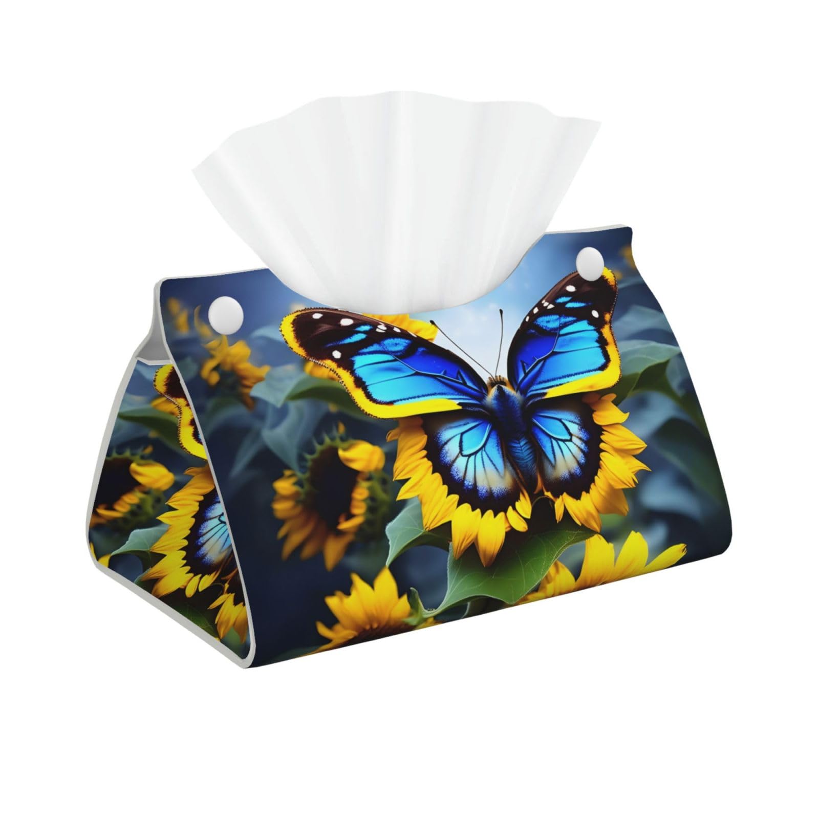 Sunflower Blue Butterfly Rectangular Leather Tissue Box Cover, Folding Facial Tissue Holder Dispenser for Car