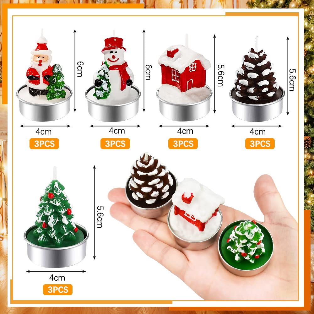 BUZIFU 15 Pieces Christmas Tealight Candles Christmas Unscented Candles Handmade Delicate Santa Claus, Snowman, Pine Cones - Image 2