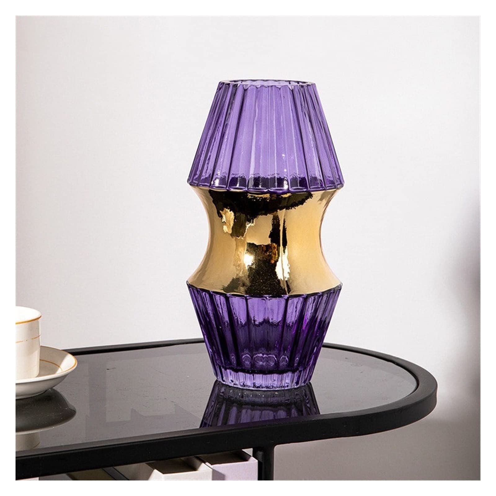 Centerpiece Vases Colored Glass Vase Vertical Pattern Gold Edge Ring Flower Arrangement Hydroponics Home Furnishing Decoration(Large)