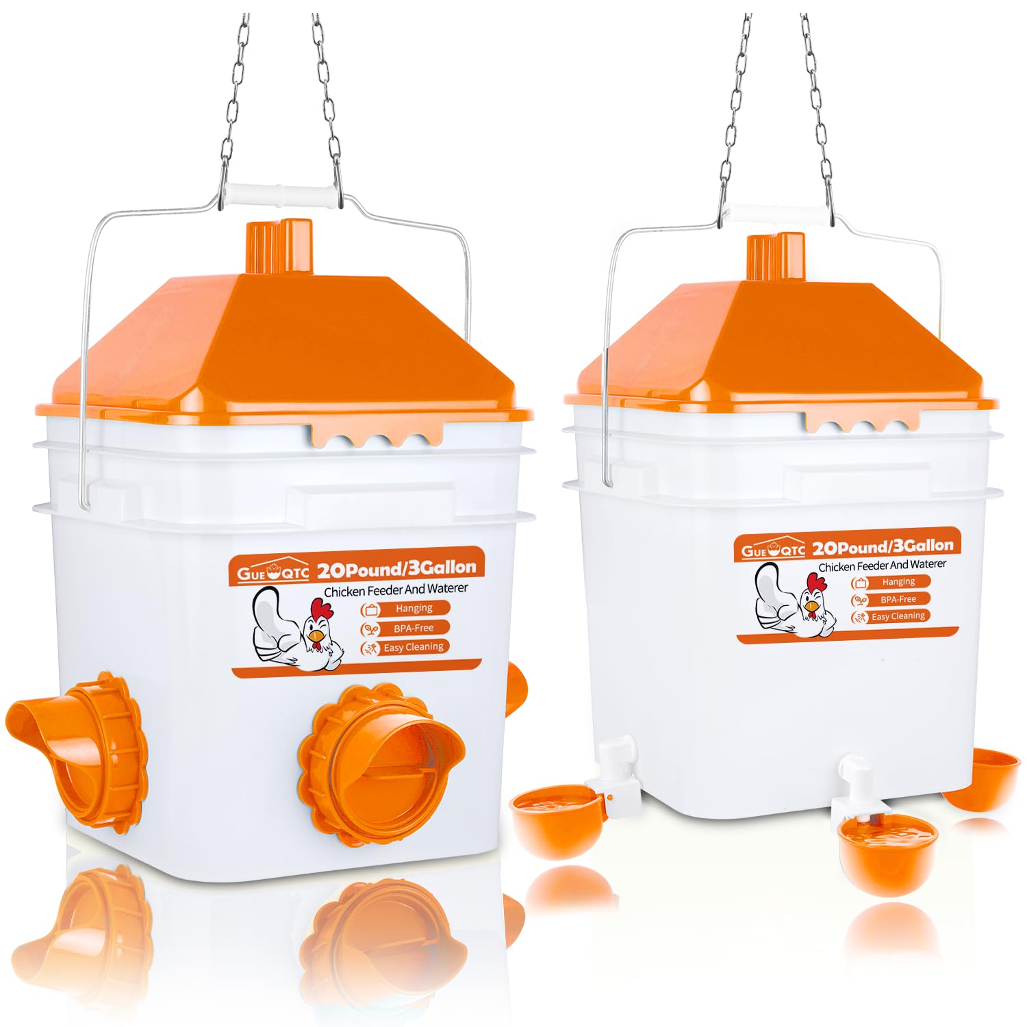 20 Pounds Chicken Feeder and 3 Gallon Chicken Waterer,High-Capacity Hanging Chicken Feeder and Waterer Set for up to 20 Chicks/15 Adult Chickens(Orange)