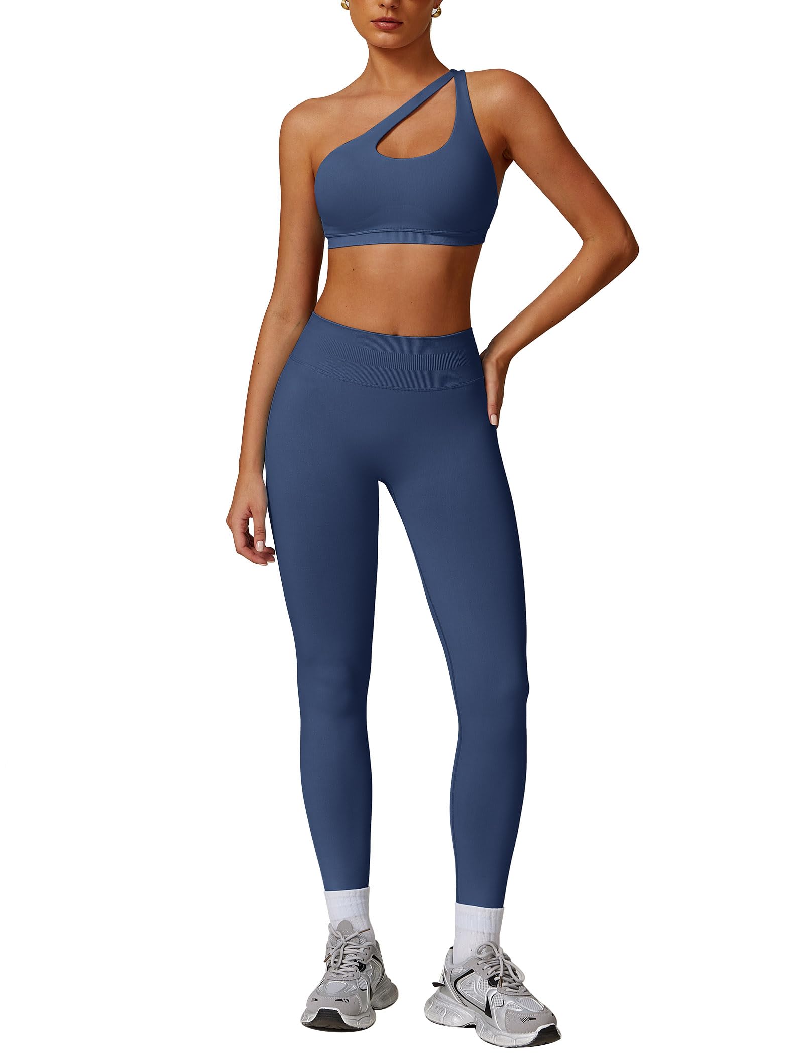 ABOCIW Women Workout Sets Seamless High Waist Scrunch Butt Lifting Gym Leggings Cutout One Shoulder Sports Bra