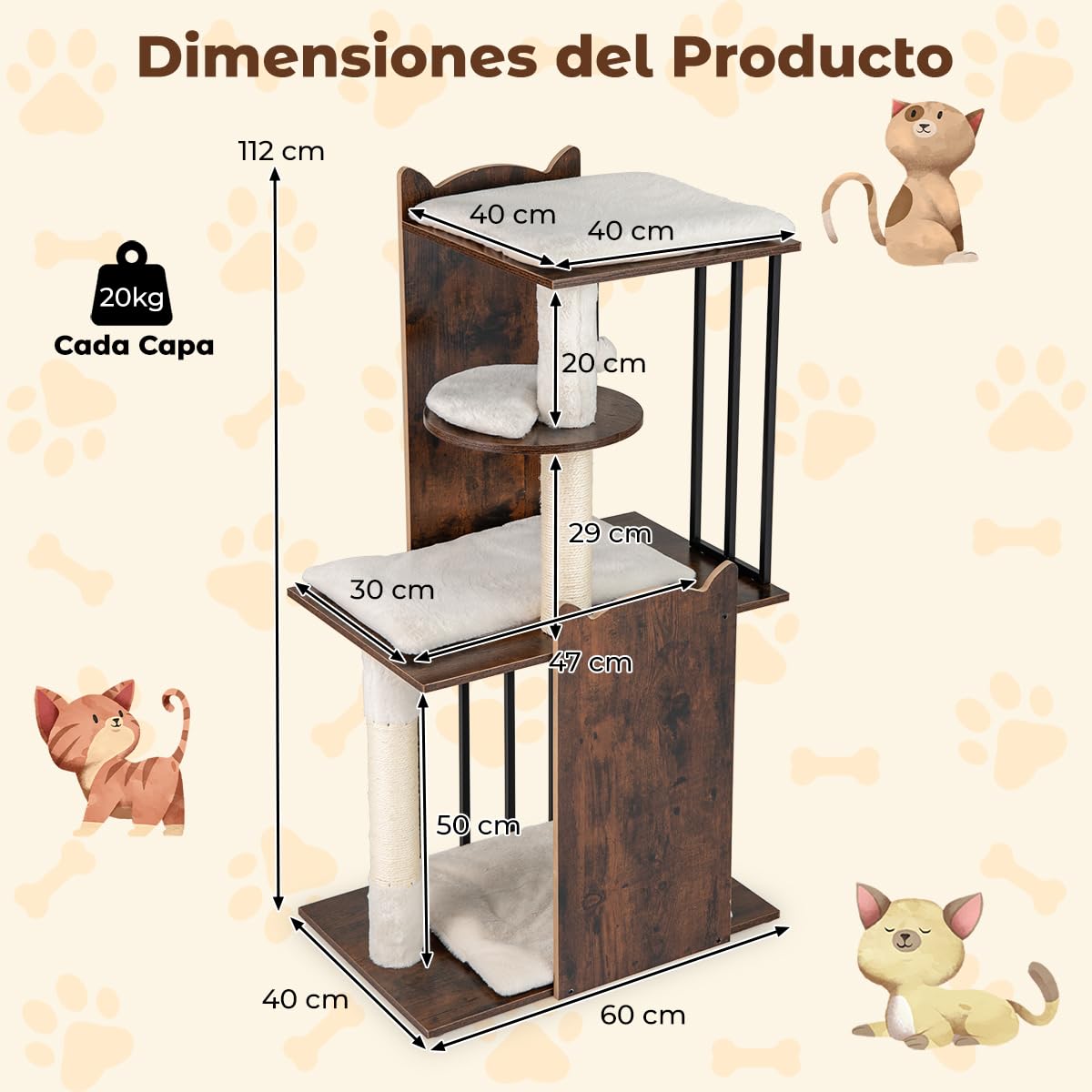 GYMAX Árbol Rascador para Gatos de Madera 112 cm, Torre para Mascotas de 4 Niveles con 4 Plataformas Diferentes, Rascador de Sisal y 2 Bolas Colgantes, Centro de Actividades con Cojines Extraíbles