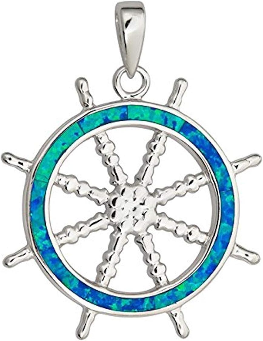 DECADENCE Sterling Silver Created Opal Ship Wheel Pendant