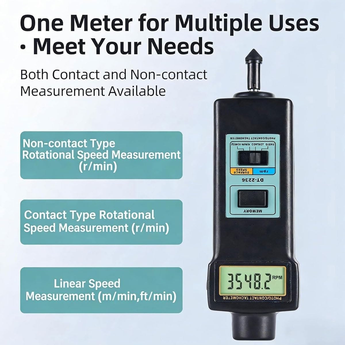 Handkontakt Foto Drehzahlmesser, Linearer Drehzahlmesser LCD Anzeige, 2.5-99999U/min Digitaler Drehzahlmesser 4 Sonden, Lineargeschwindigkeitsmessung m/min ft/min für Fuß Pro Sekunde Minute