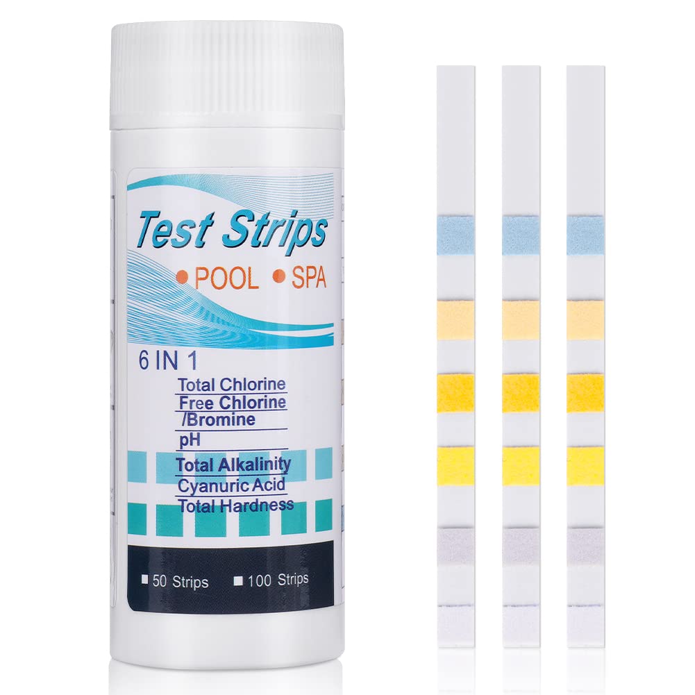 Flintronic Zestaw 50 pasków testowych do kontrolowania jakości wody basenowej 6 w 1, do chloru, bromu, PH, zasadowości całkowitej, twardości, kwasu cyjanurowego, paski do spa i basenu